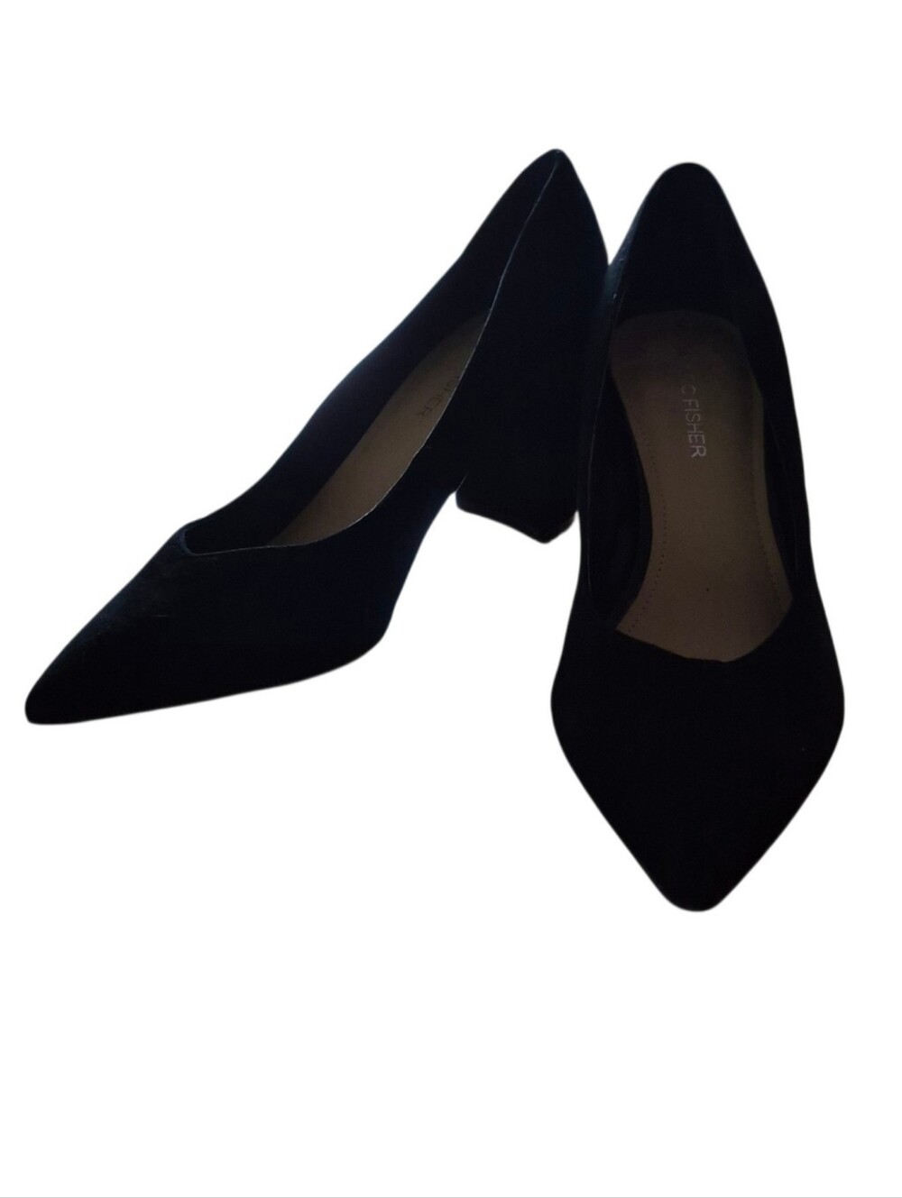 Marc Fisher Caitlin Black Suede Pointed Toe Leather Block Heel Pumps Sz 7.5 EUC
